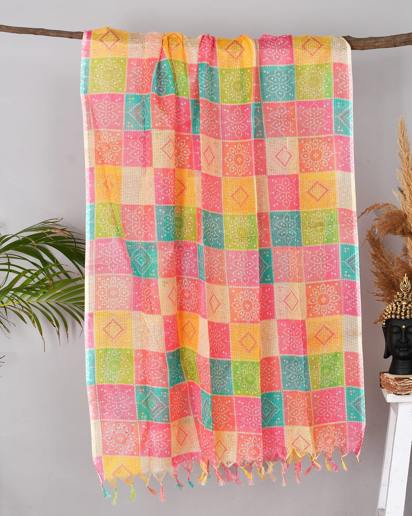 POISED Rajasthani Multicoloured Kota Doria Cotton Dupatta For Women's| Bandhani Pattern Designer Chunni With Tassels On Sides| Perfect For Festivals| (Pink), Free Size