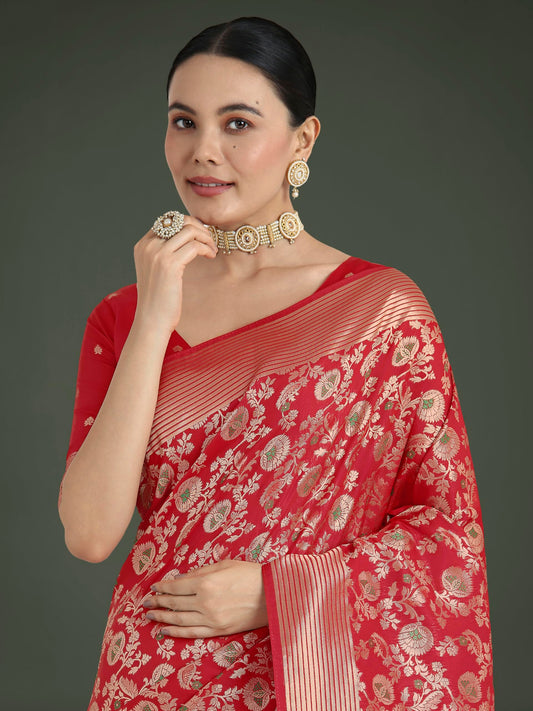 Monjolika Fashion Women's Graceful Banarasi Silk Saree In Classic Zaal Pattern & Rich Zari Woven Pallu comes with Unstitched blouse (14000_Color)