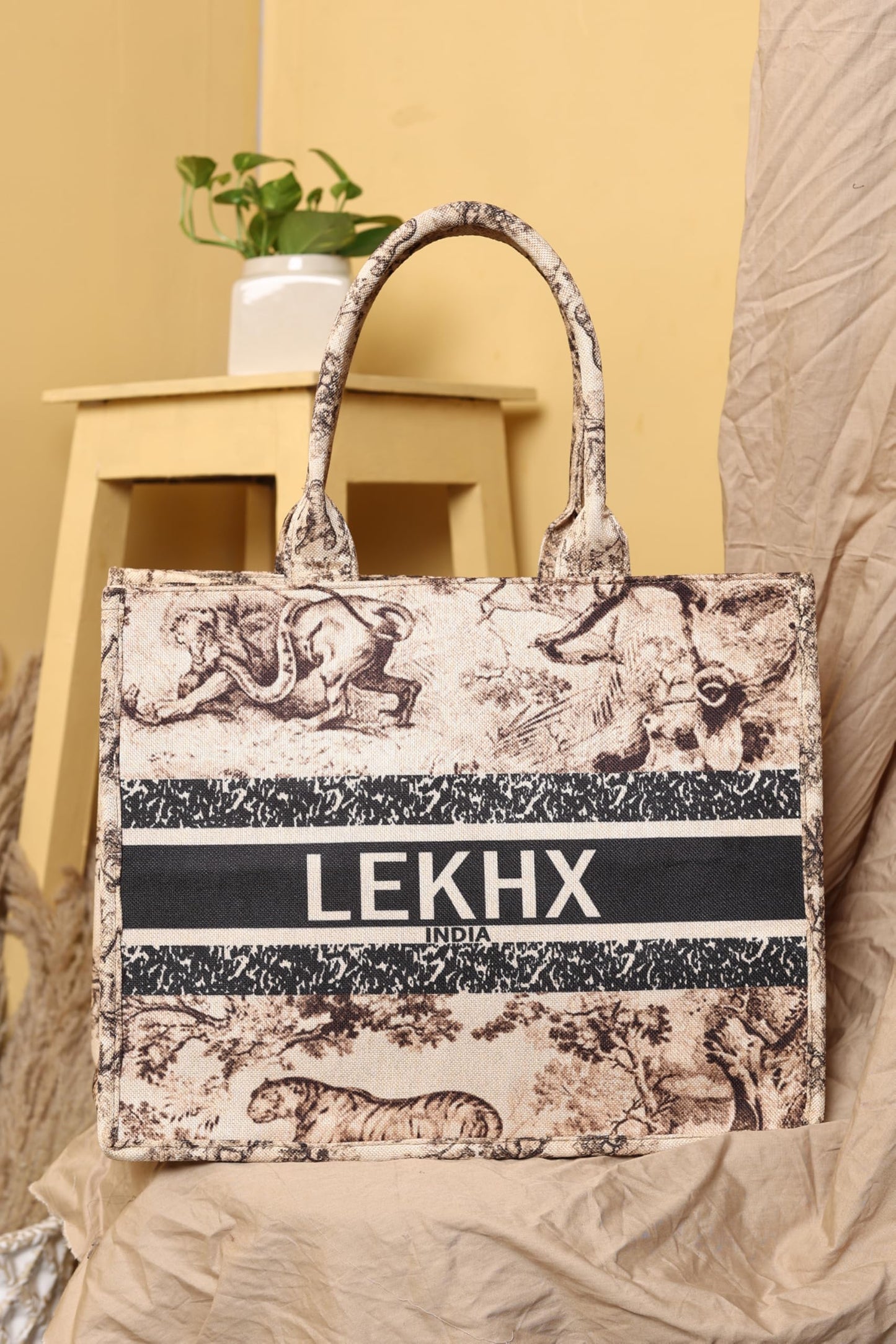 Women's Designer Tote Bag for Office, College, Party | Eco-Friendly Jute Canvas Handbag | Spacious & Lightweight Shoulder Bag for Work, Travel, Casual & Evening Use | Fits 15 Inch Laptop (Beige)