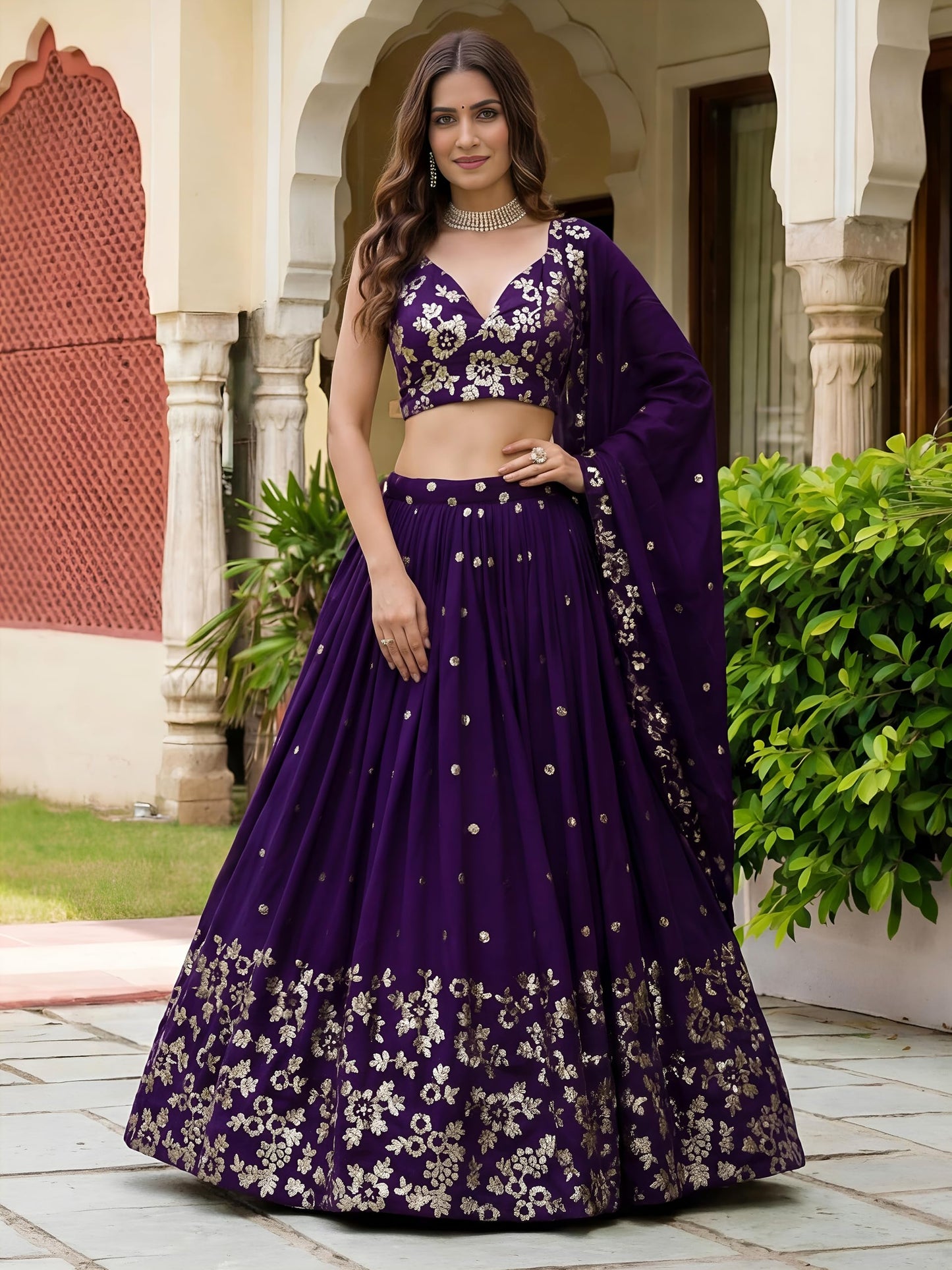 Zeel Clothing Women's Sequins and Thread Embroidered Work Georgette Lehenga Choli With Dupatta (6015-Purple-Women-Lehenga-Choli-Latest; Free size)