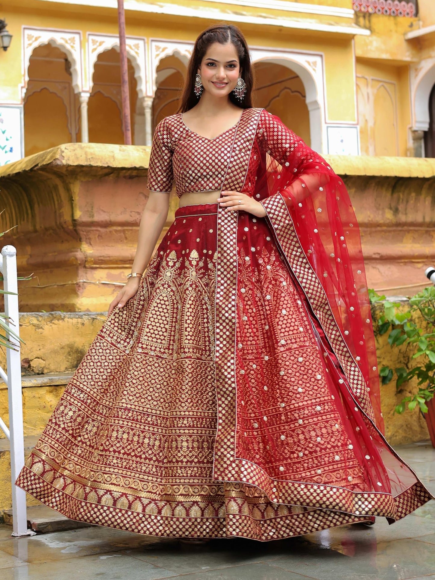 Zeel Clothing Women's Sequins, Resham Thread And Dori Embroidery Raw Silk Readymade Lehenga Choli With Dupatta (7409-Maroon-Wedding-Stylish-Lehenga-Choli-Latest; Free Size), Red