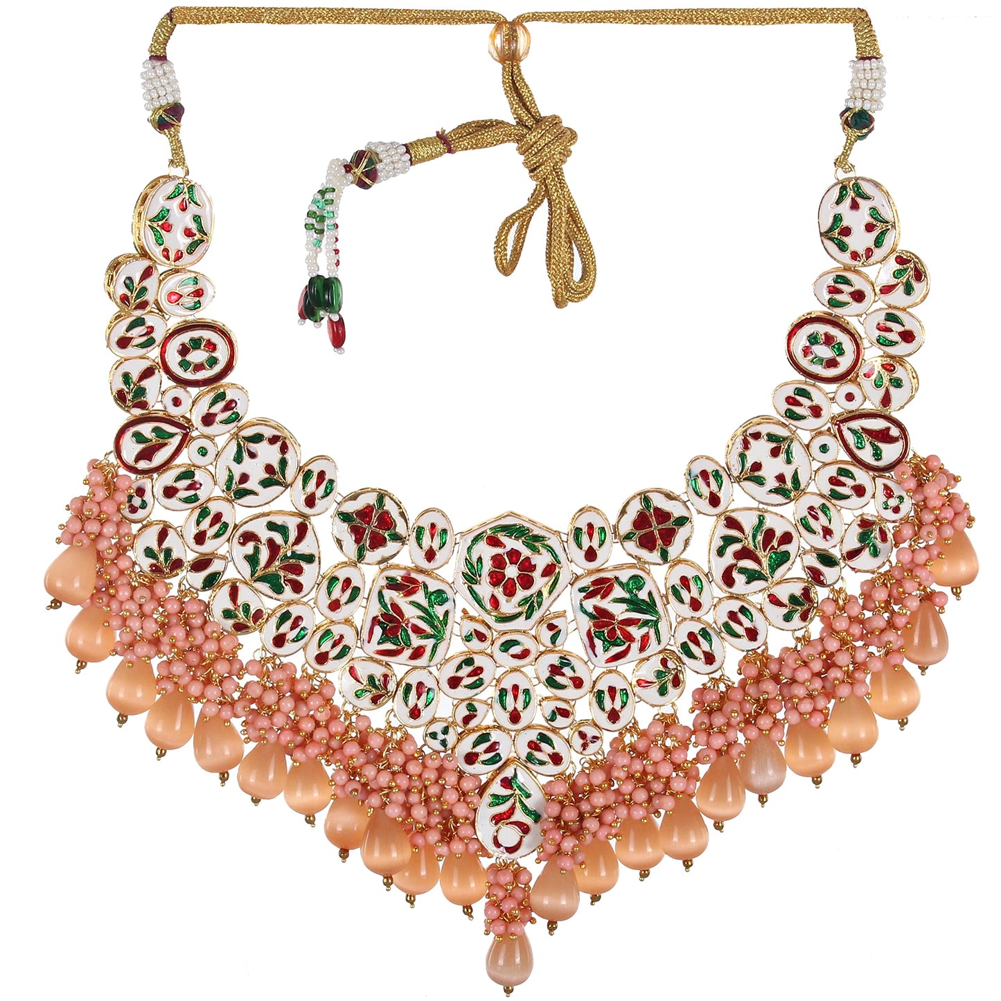 Lucky Jewellery 18K Gold Plated Peach Color Kundan Stone/Uncut Kundan/Dibbi Kundan/Meena Kundan/Lucknow Kundan with Monalisa Drop Bridal Set for Girls & Women (5910-M4SK-1574-PH)