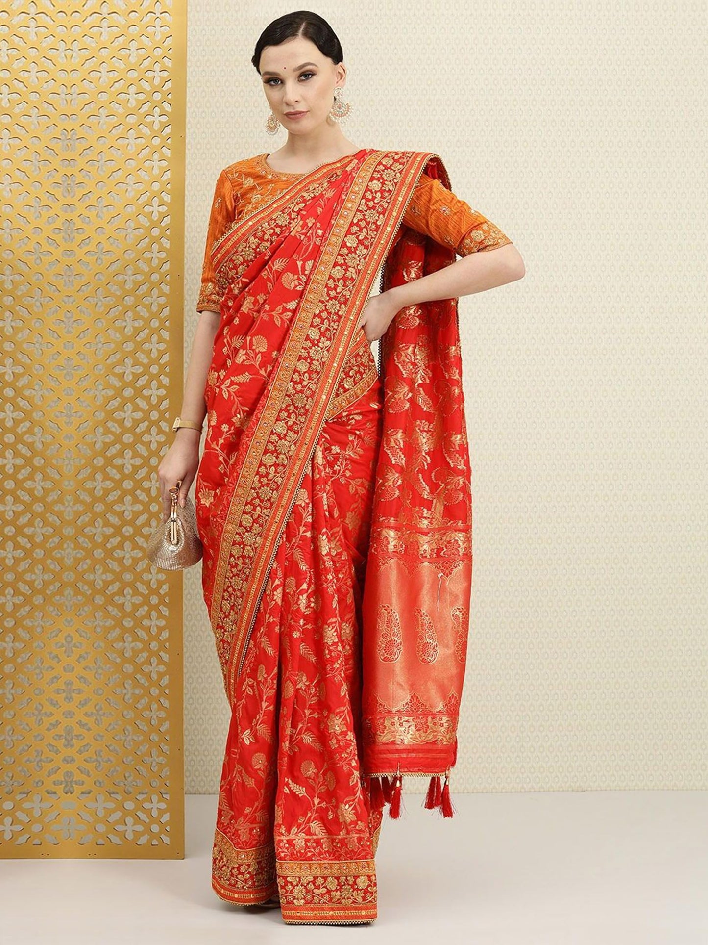 TRENDMALLS Women's Pure Silk Embroidery Work Saree with Unstitch Blouse Piece (K1112-Red)