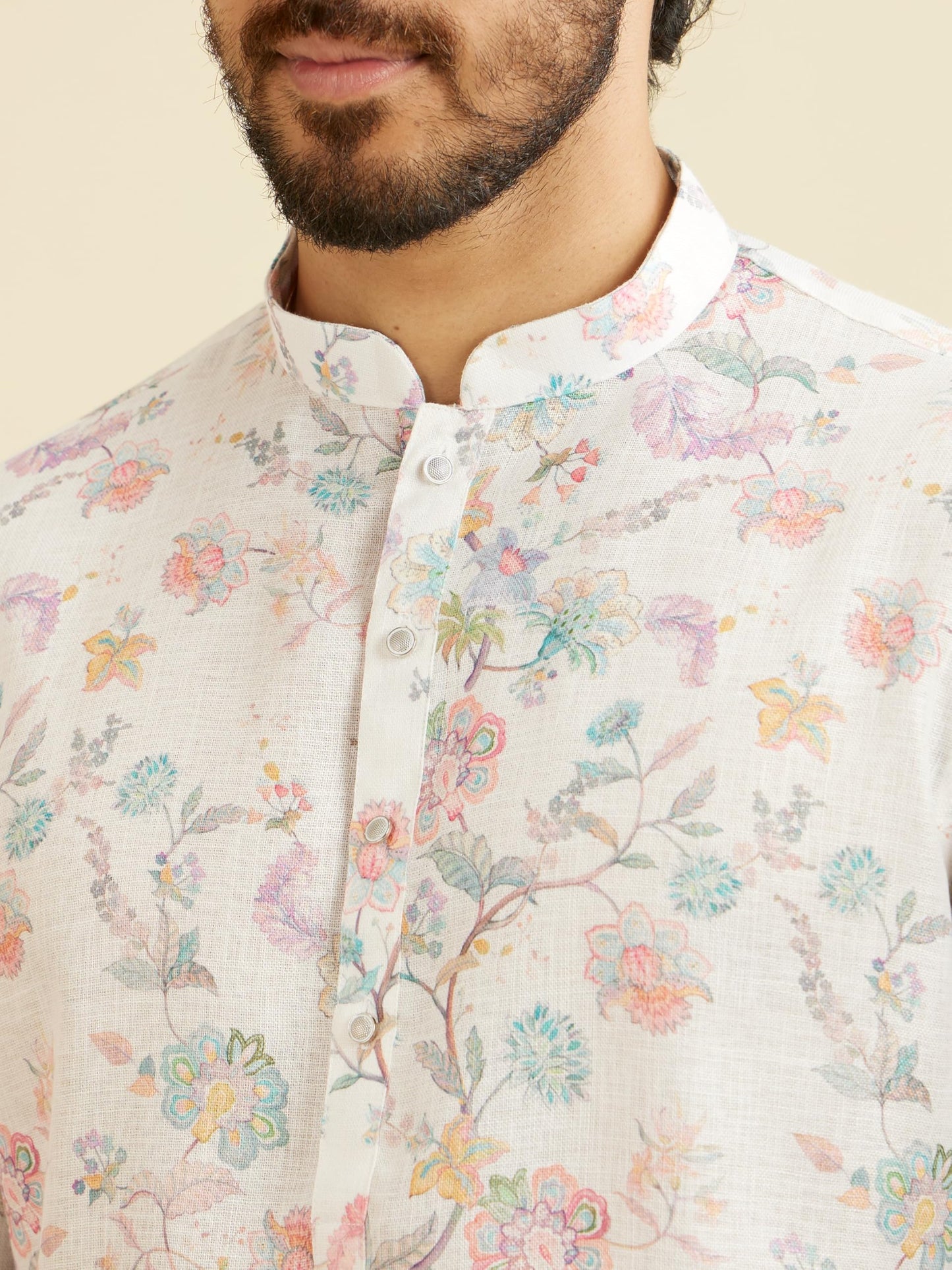 Manyavar Men's Cotton Blend Floral Print Long Kurta (White,L)