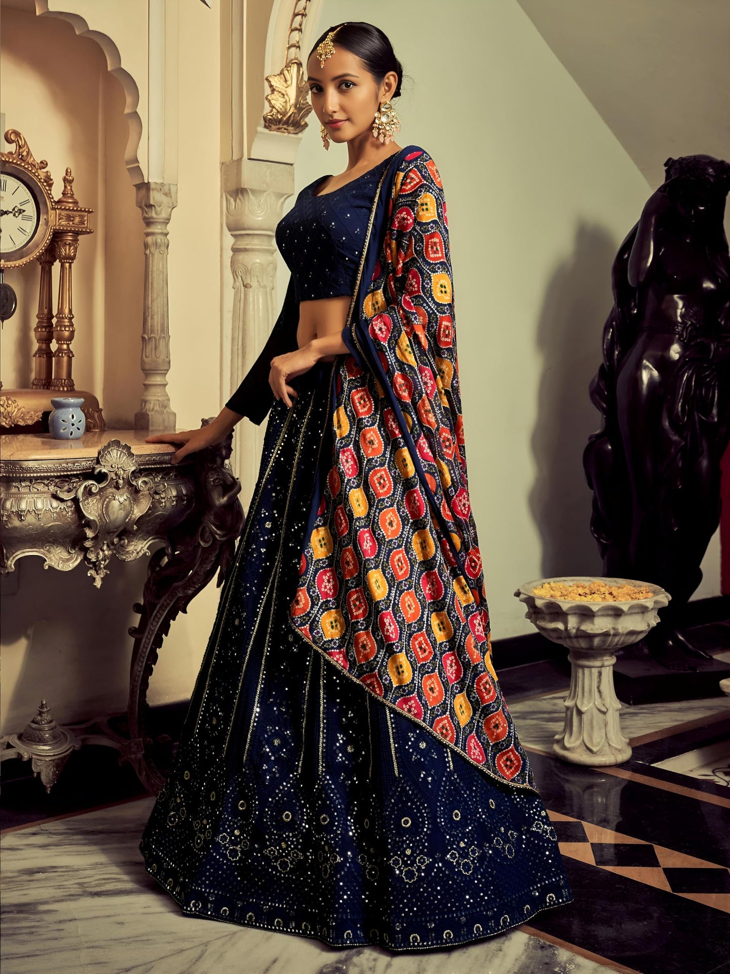 Zeel Clothing Women's Sequins Thread Embroidered Georgette Lehenga Choli With Dupatta (6005-Navy-Blue-Women-Lehenga-Choli-New; Free Size)(Navy-Blue)