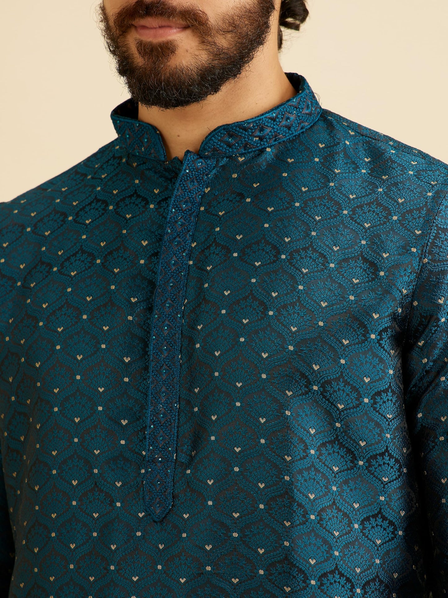 Manyavar Men's Brocade Self Design| Stone Work Kurta Set (Blue,L)