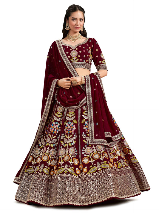 Zeel Clothing Women's Sequins Thread Embroidered Georgette Lehenga Choli With Dupatta (6008-Maroon-Women-Lehenga-Choli-New; Free Size)(Maroon)