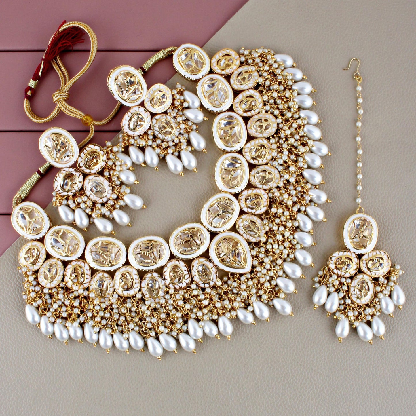 Lucky Jewellery Back Meenakari 18k Gold Plated White Color Set with Earring and Mang Tika Combo Uncut Big Faux Kundan Choker Necklace set (2415-J5SK-1815-W)