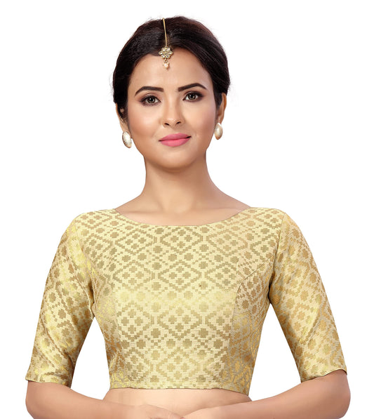 Studio Shringaar Women's Readymade Brocade Elbow Length Sleeves Saree Blouse (Light Gold, 48)