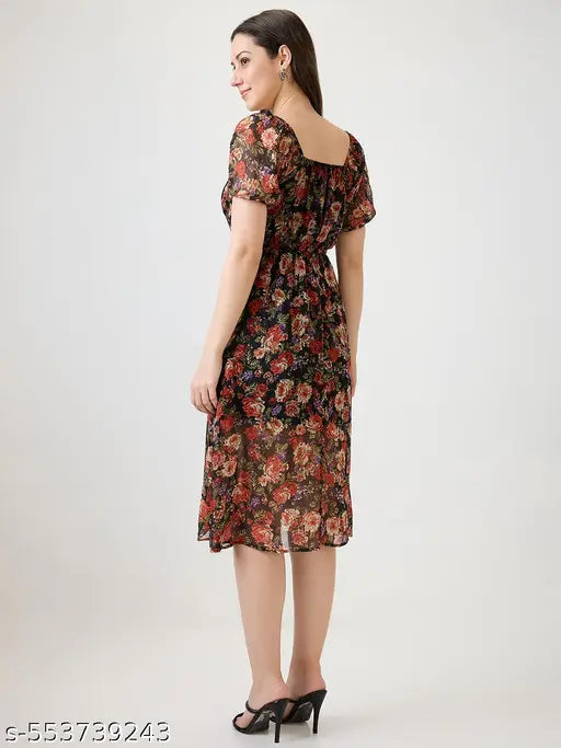 Globus Women Black Allover Floral Printed Tie-Up Square Neck Puff Sleeves Side Slit Fit & Flare Midi Dress