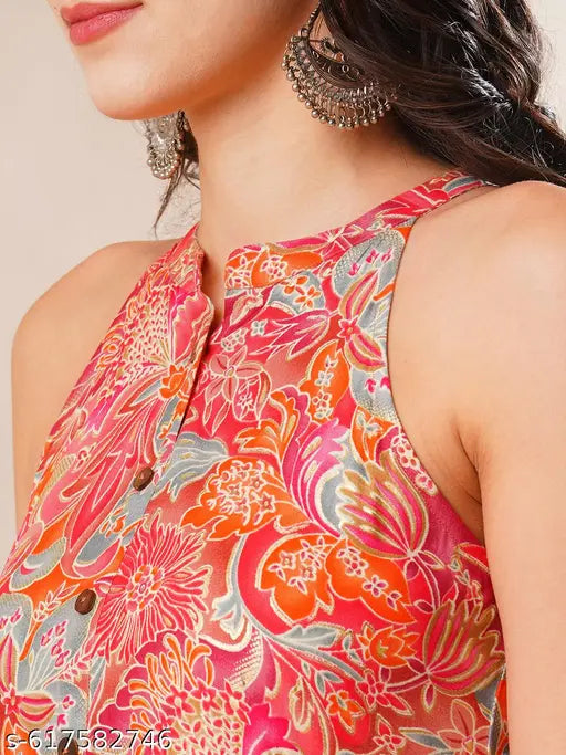 Globus Women Multi Mandarin Collar Over All Print Tiered Dress