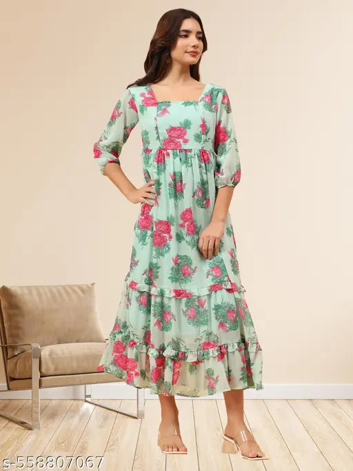 Elegant Light Green Floral Georgette Midi Dress for Women | Square Neck Tiered Western Dress | Stylish Casual Wear