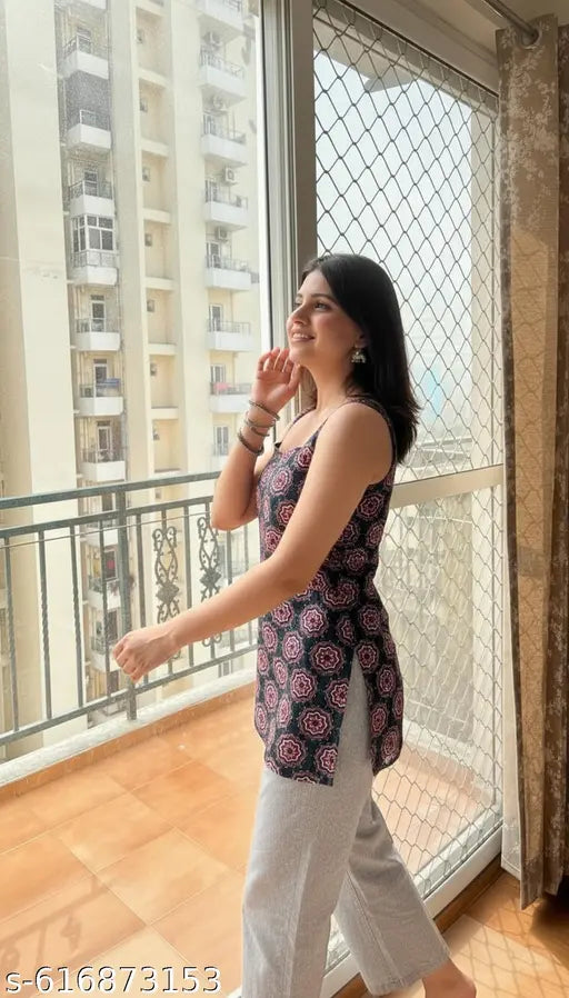 Anni Designer Women's Rayon Viscose Black Sleeveless Kurti with Beautiful Floral Printed Work, Elegant Ethnic Top for Festive, Casual & Daily Wear, Stylish Designer Kurta for Women and Girls