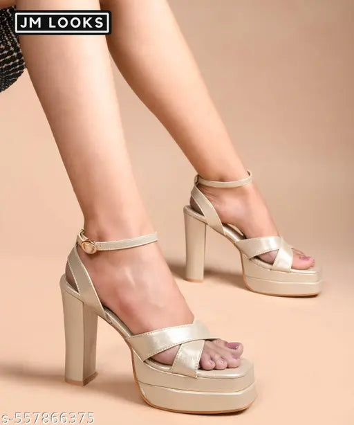 JM LOOKS Women's Platform Heels, 5-Inch Chunky Block Heeled Sandals, Square Open Toe Ankle Strappy Dressy Heels for Prom, Wedding, Party, and Evening - Golden