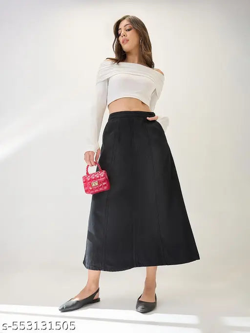 Globus Women Black Mid Rise Panelled A-Line Midi Denim Skirt