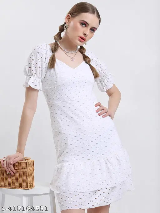 Ketch Women's Solid Fit and Flare Round Neck White Dresses