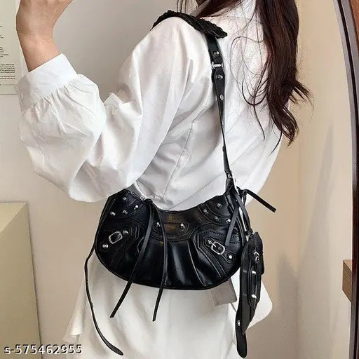 Vintage Black Studded Decor Sling/Crossbody Shoulder Bag With Detachable Wide Strap And Extra Pouch For Women