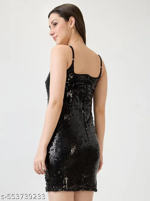 Globus Women Black Neck Adjustable Strappy Sleeves Sequinned Mini Bodycon Party Dress