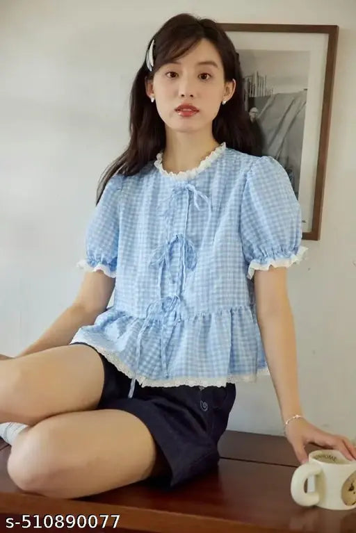 Trendy Women's Summer Plaid Shirt Bow Tie Front Cute Puff Sleeve Peplum Ruffle Babydoll Blouse Lace Up Summer Going Out