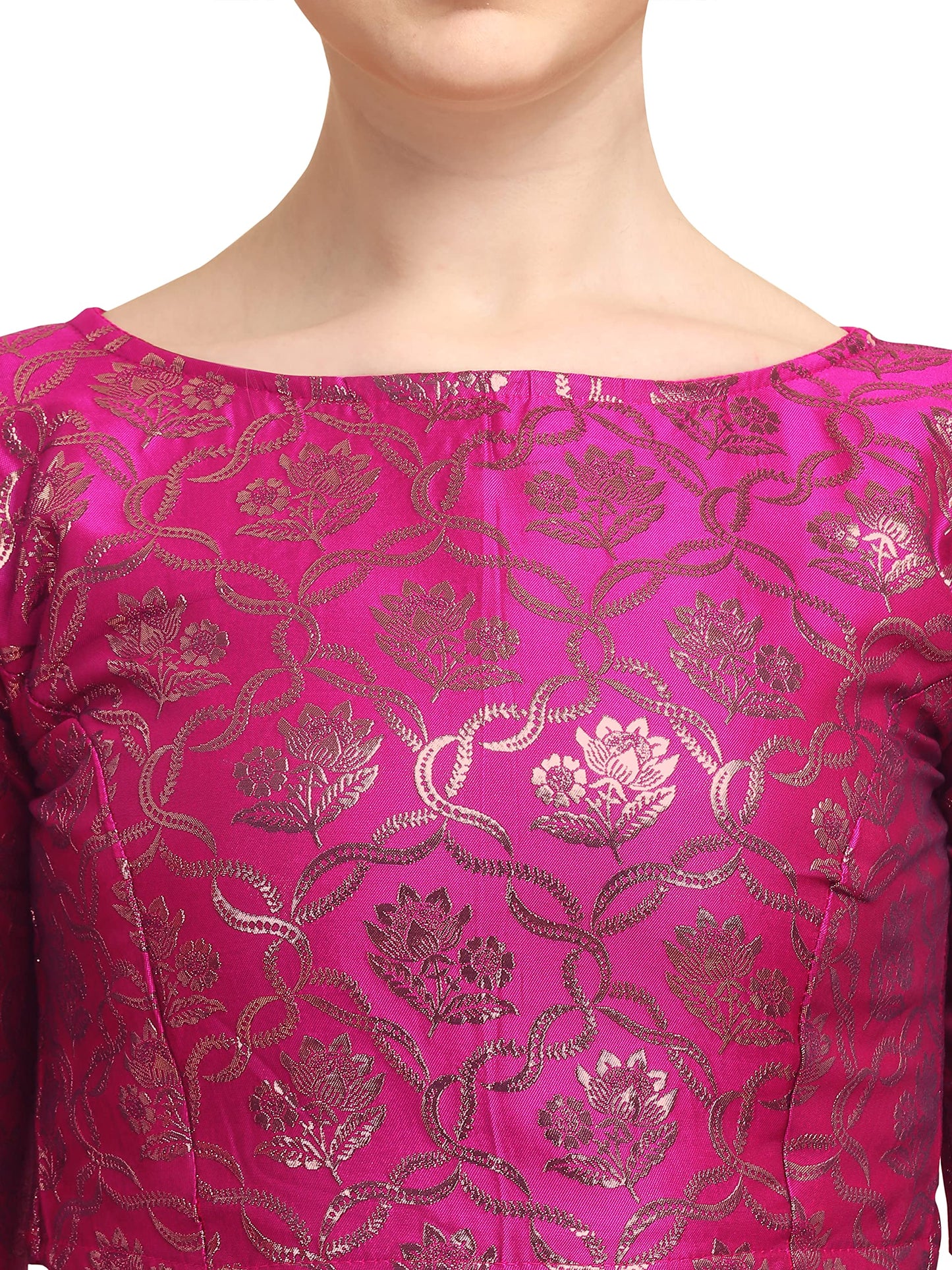 OOMPH! Women's Indian Ethnic Wear Designer Twist Leaf Pattern Zari Work Boat Neck Half Sleeve Pink Color Jacquard Readymade Blouse for Saree or Lehnga and Fusion Twist. XXL