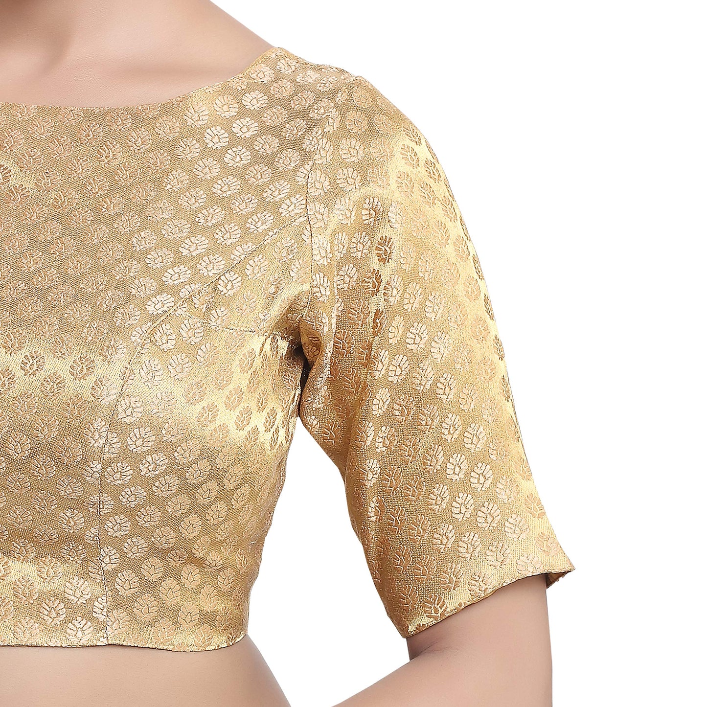 Madhu Fashion Women's Traditional Banaras Brocade Readymade Saree Blouse with Boat Neck and Elbow Length Sleeves (36, GOLD)