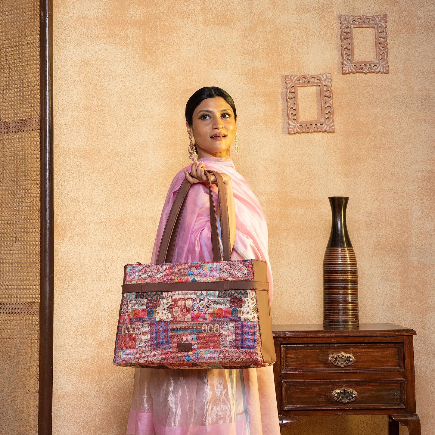 ZOUK Kutch Gamthi Abstract Printed Women's Jute Handcrafted Vegan Leather Multicolor Statement Office Shoulder Bag