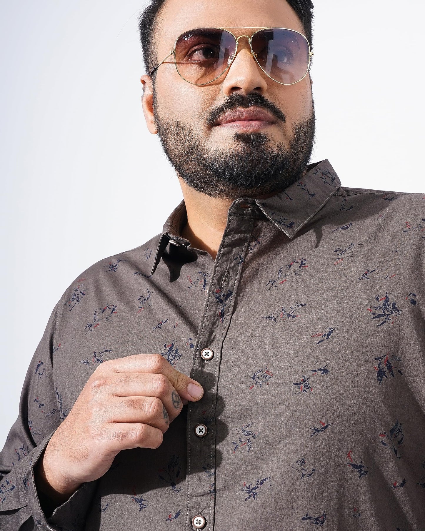 The Indian Garage Co Men Olive Floral Plus Size Cotton Casual Shirt
