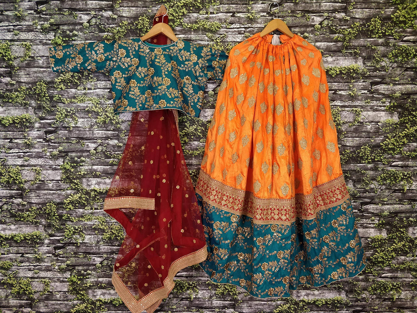 Zeel Clothing Women Faux Silk Lehenga Choli Semi-Stitched Green & Yellow Free Size