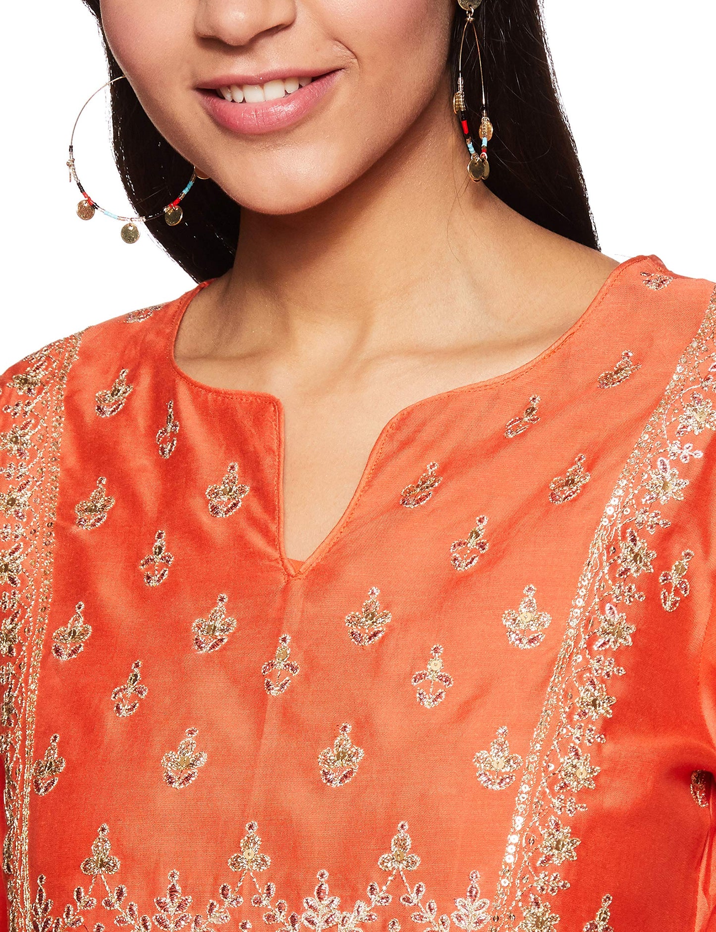 BIBA Women Synthetic YARNDYED FITTED SALWAR KURTA DUPATTA(SKDPRET COL6180_ORANGE_34)
