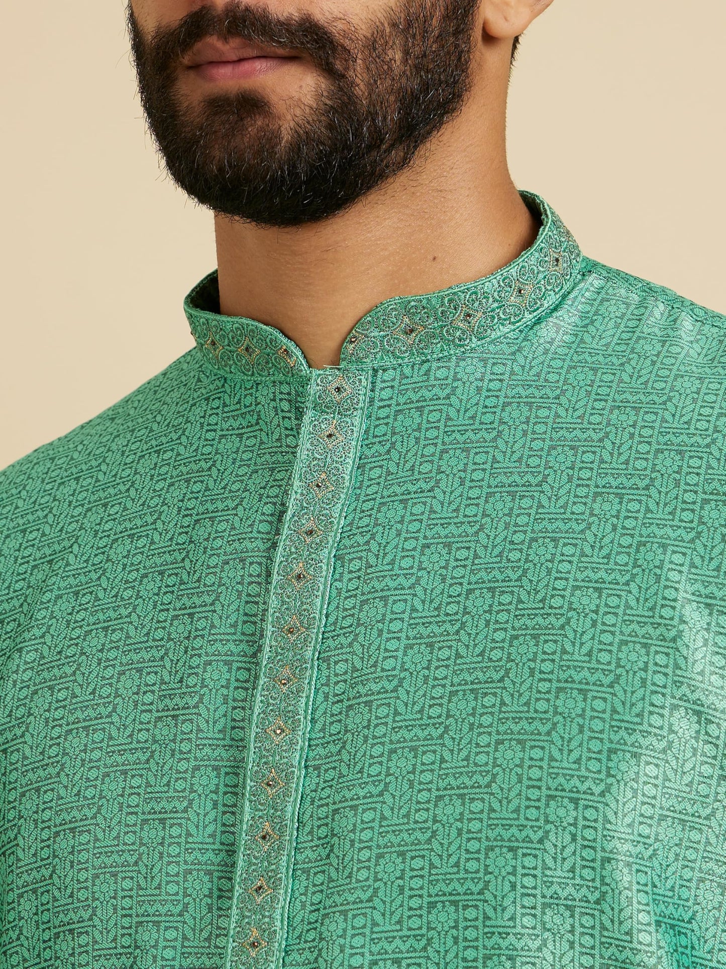 Manyavar Men's Art Silk Intricate Prints & Neck Detailing Kurta Pyjama Set (Green,L)