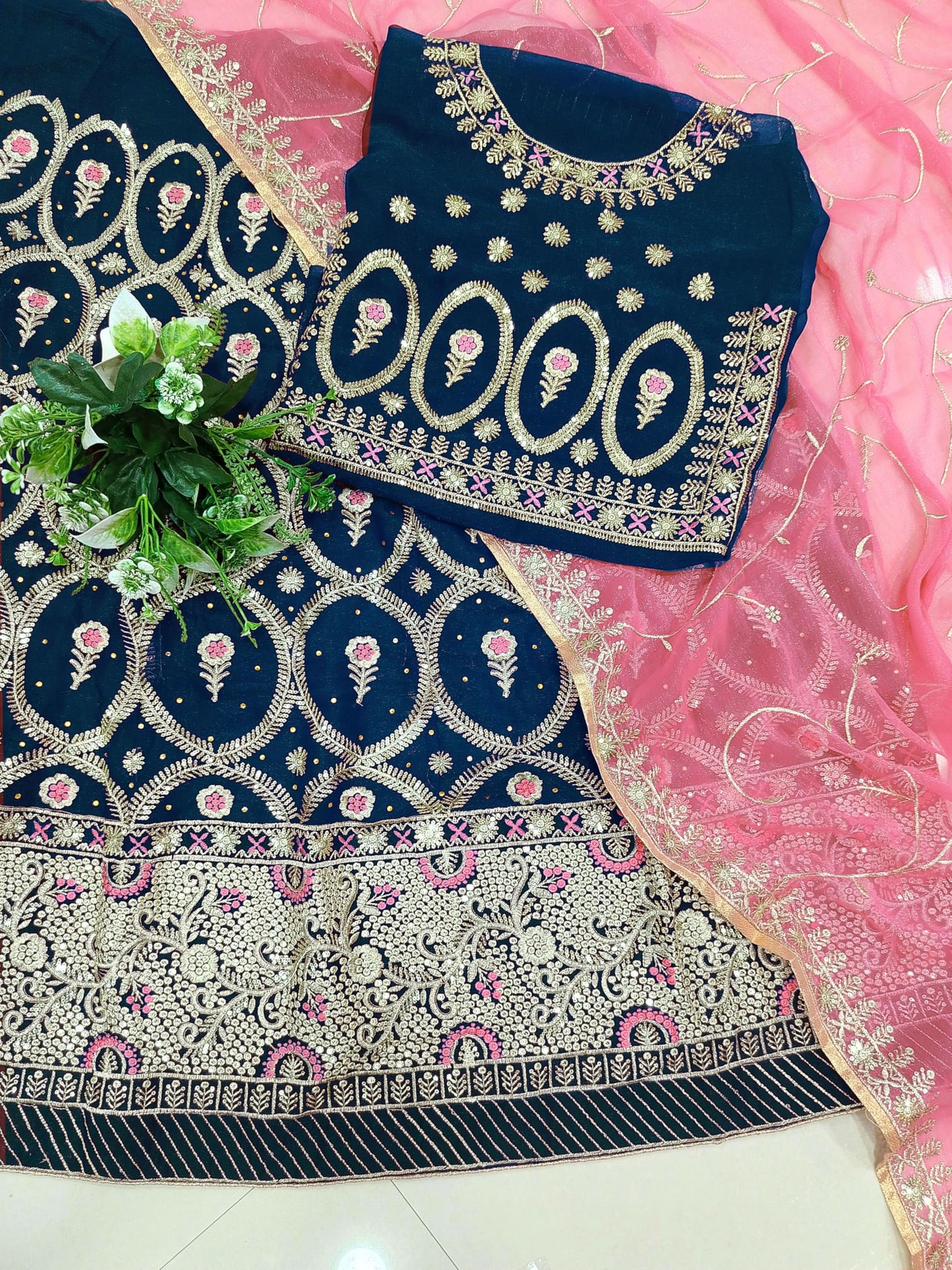 SHYAMLATA Women's Traditional Sequins And Zari Embroidered Rajasthani and Gujarati Lehenga Choli (Light Blue)