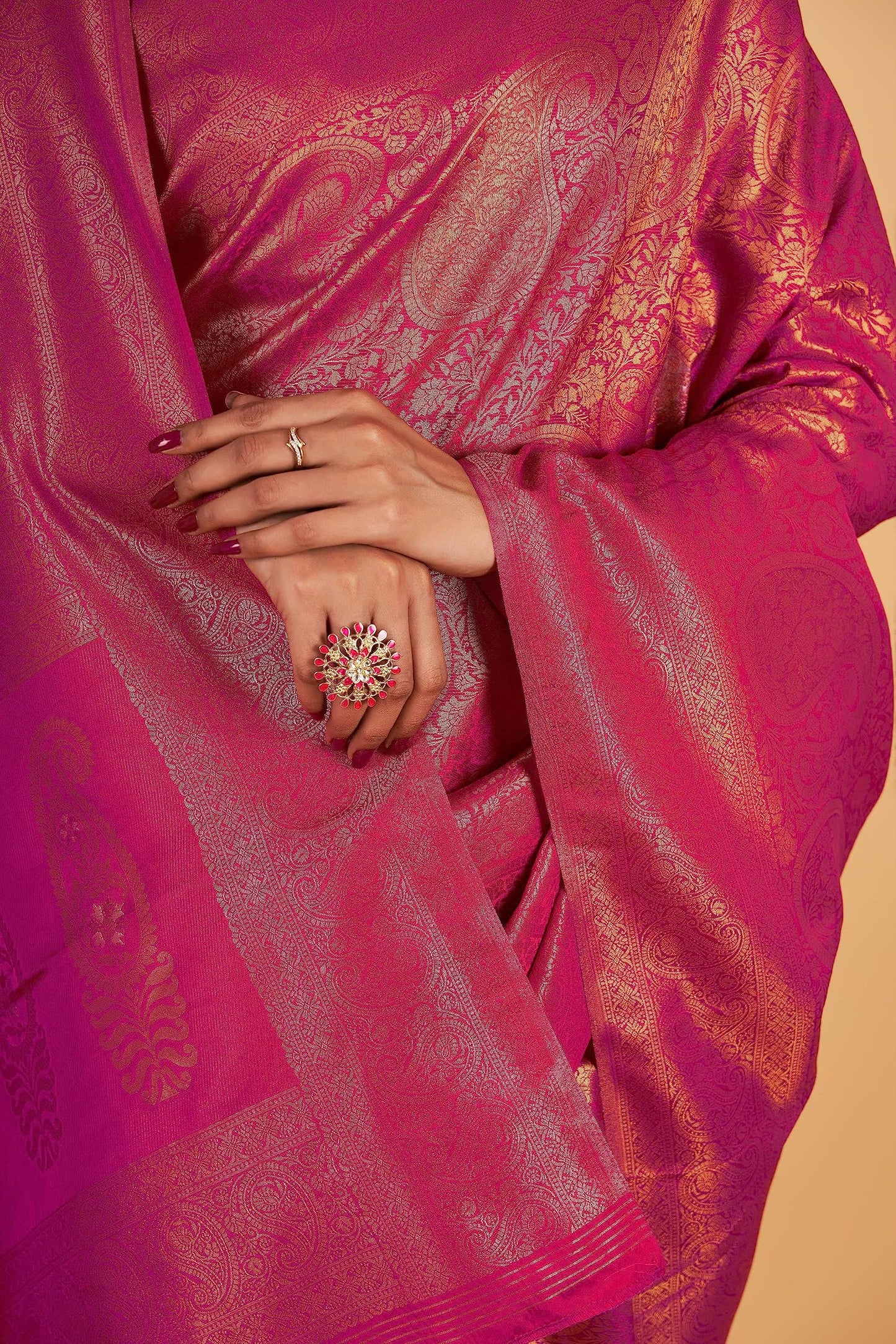 Vardha Women's Kanchipuram Art Silk Saree with Unstitched Blouse Piece - Gold Copper Silver Zari Woven Work Sarees for Wedding (Aarna Silk_604)