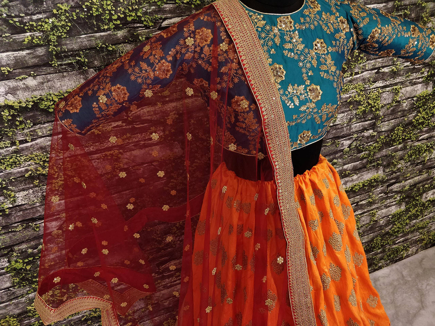 Zeel Clothing Women Faux Silk Lehenga Choli Semi-Stitched Green & Yellow Free Size