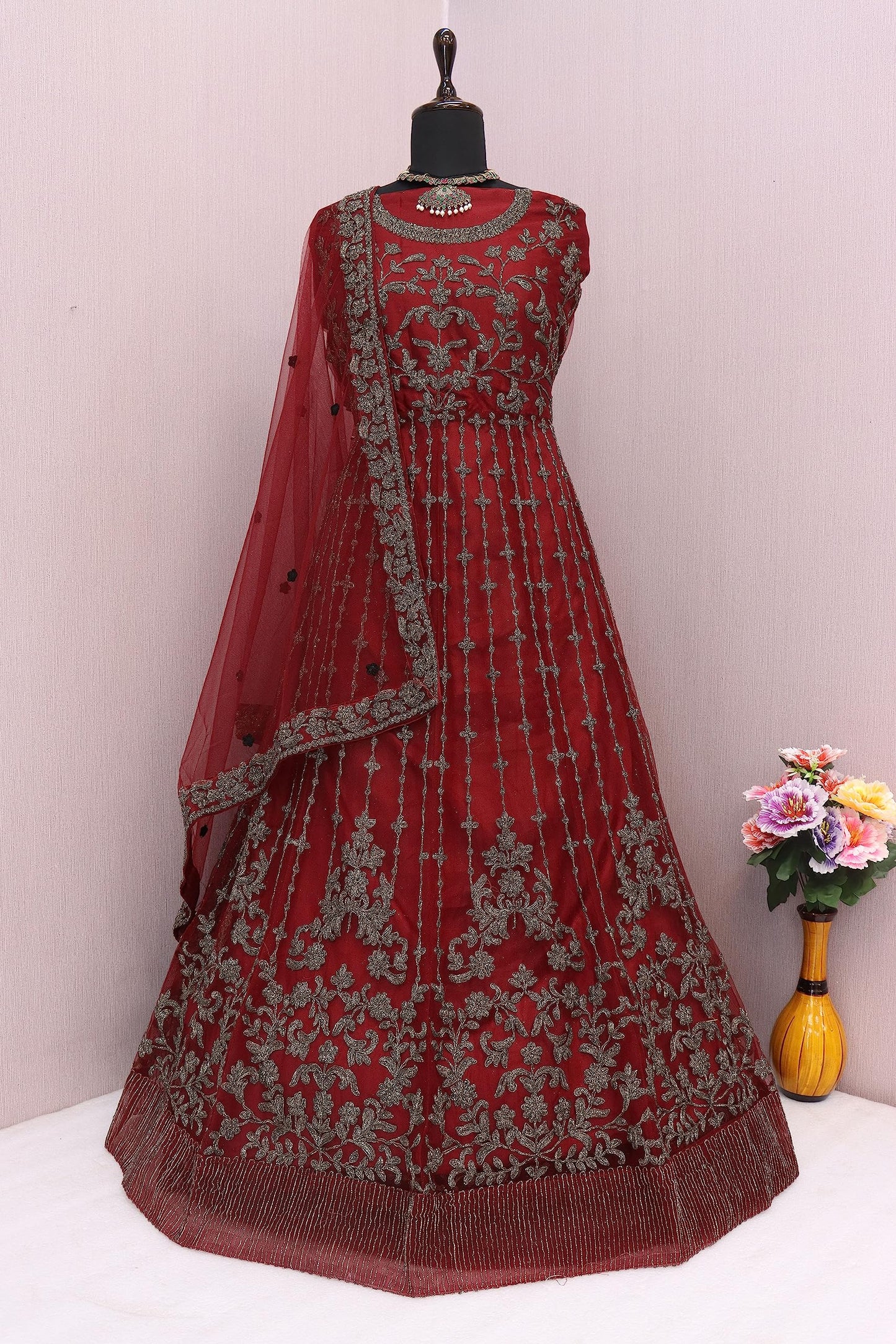RUDRAPRAYAG Net and Santoon Long Anarkali Gown for Women | Semi Stitched Anarkali Gown for Women | Gown in Clothing & Accessories Maroon