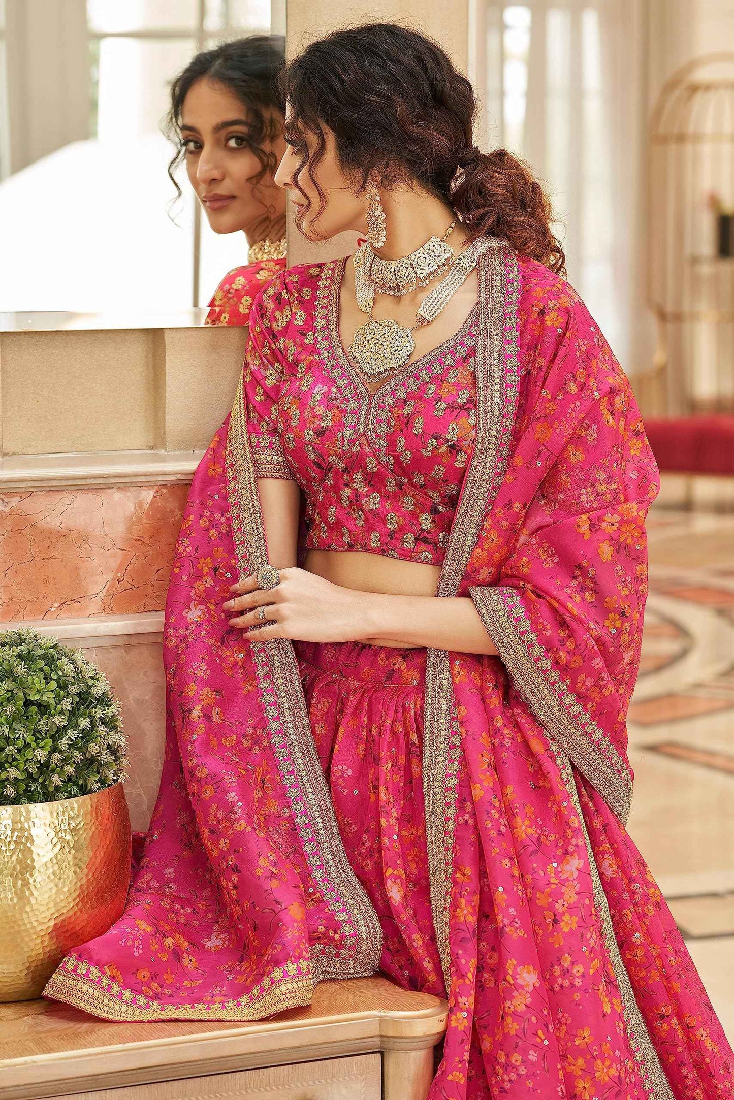 Zeel Clothing Women Organza Lehenga Choli Semi-Stitched Pink Free Size