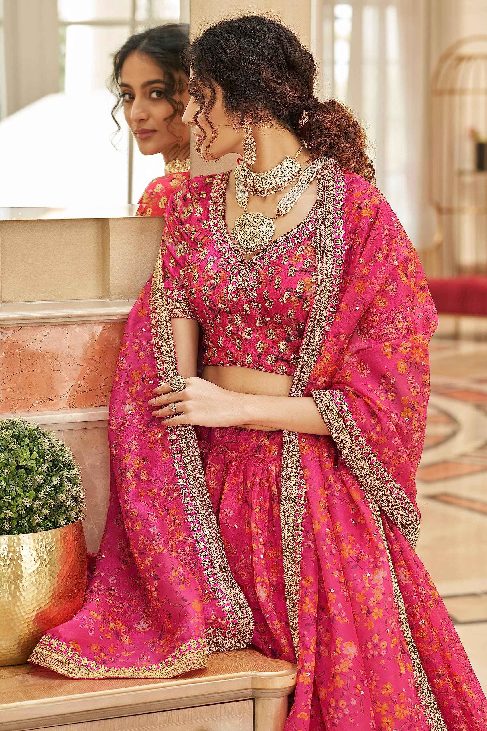 Zeel Clothing Women Organza Lehenga Choli Semi-Stitched Pink Free Size