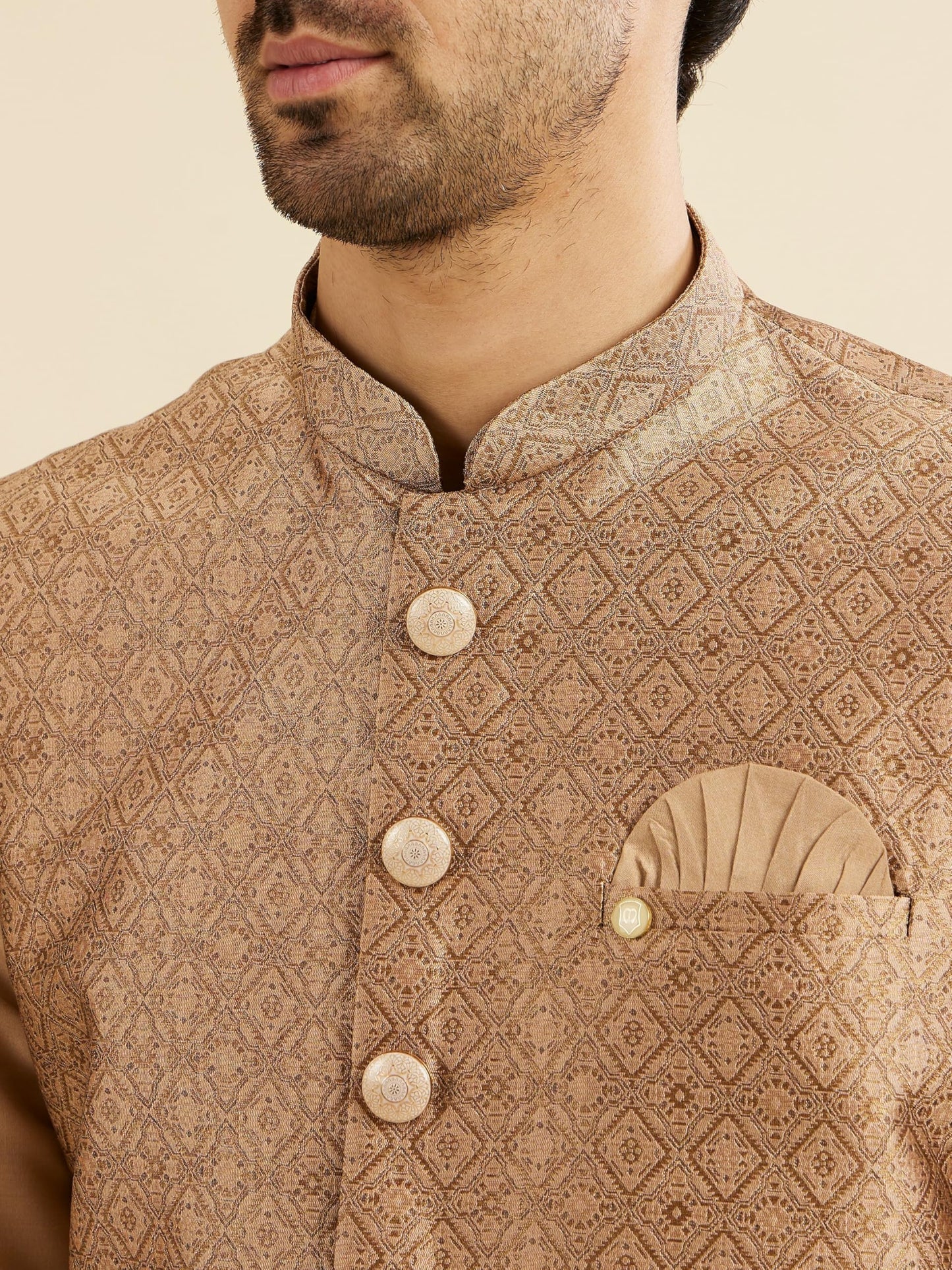 Manyavar Men's Brocade Regal Embroidered Kurta Jacket Set (Fawn,M)