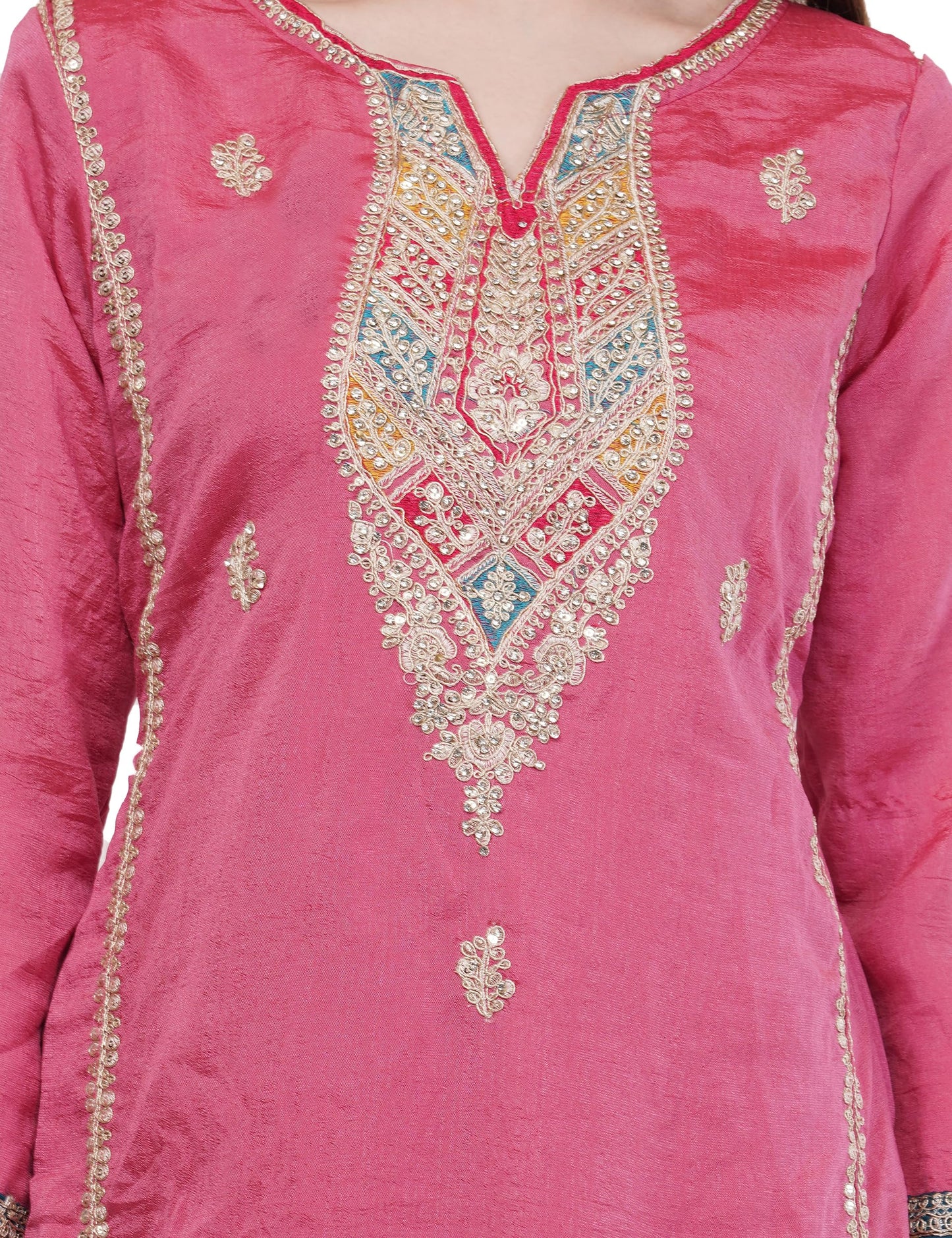 dhartii Vichitra Silk Suit Set for Women | Multi Thread & Zari Embroidery Stitch | 3- Piece Dress with Mix Colour Dupatta