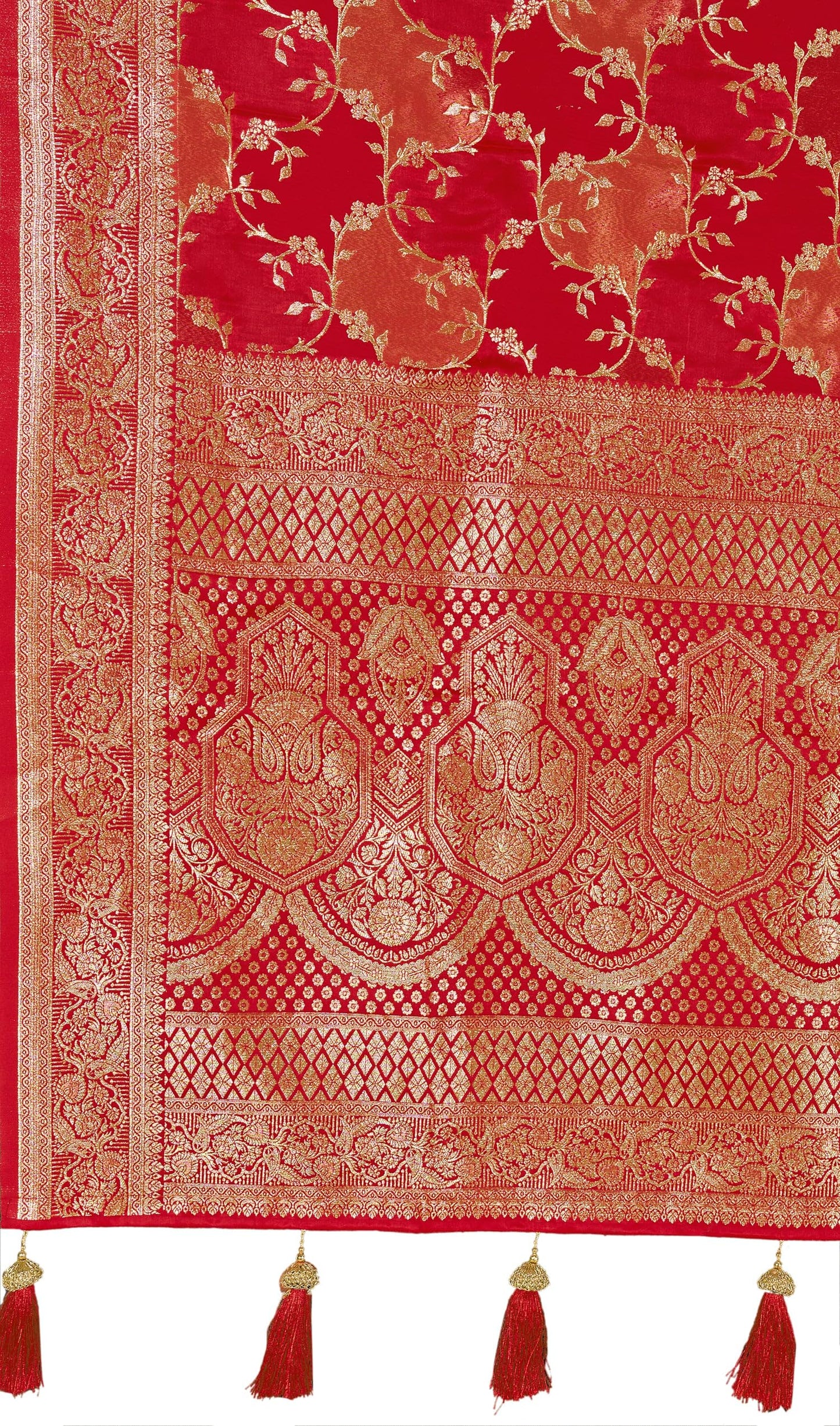 MANOHARI Women's Most Trendy Banarasi Satin Silk Woven Vibrant Red Saree With Heavy Jacquard Work Saree With Blouse Piece_MN2050