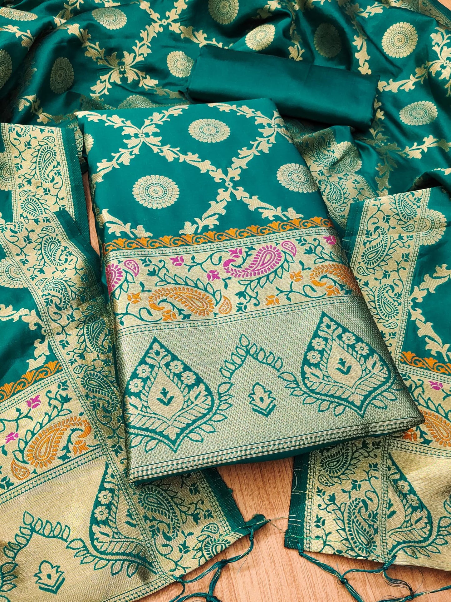 SHANTVAN GALLERY Pure Zari Silk Suit Dress Material for Woman premium banarasi dress materials for women with soft silk top bottom and dupatta unstitched set in elegant Mango design - Teal