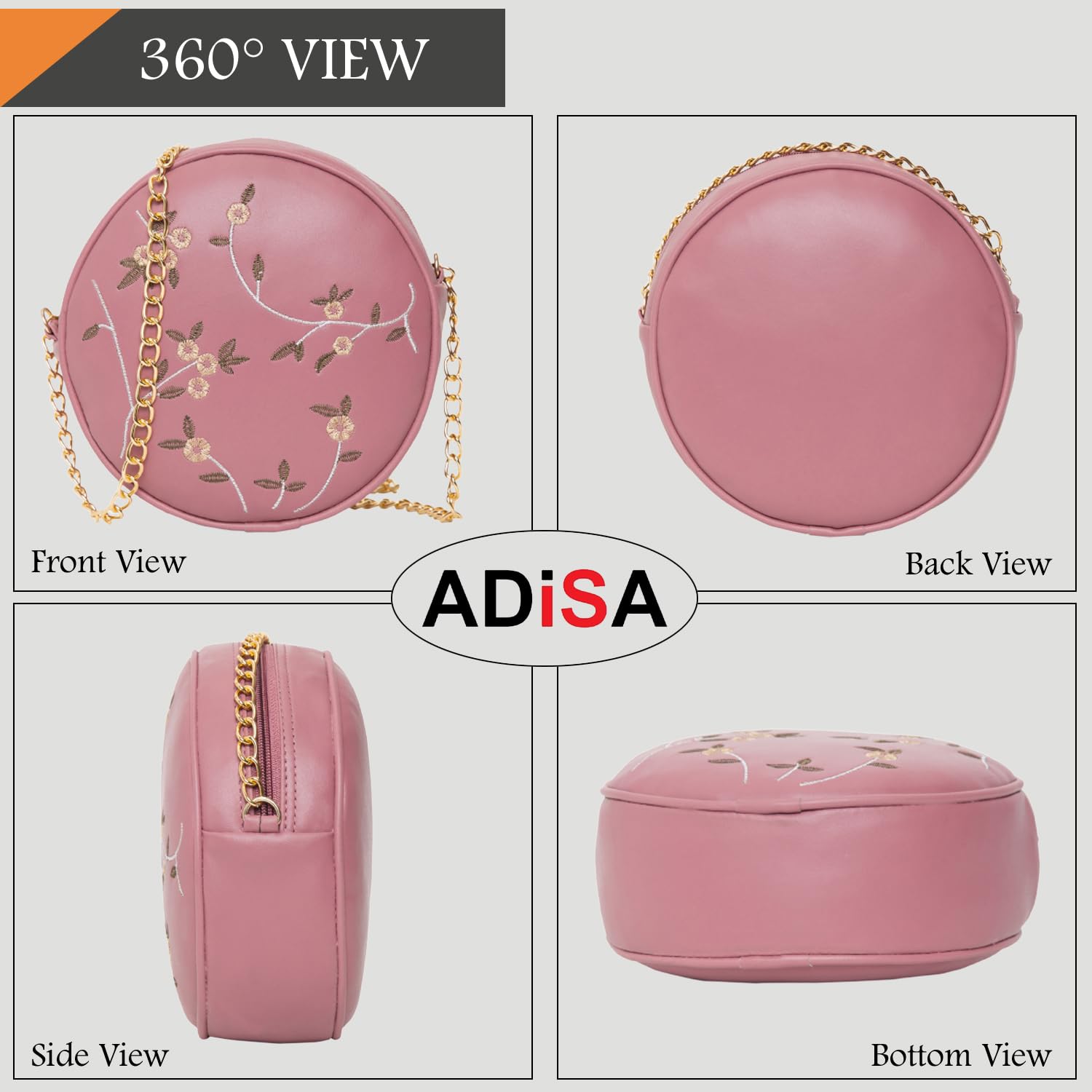 ADISA women girls round embroided sling bag (D. Pink) - SaumyasStore