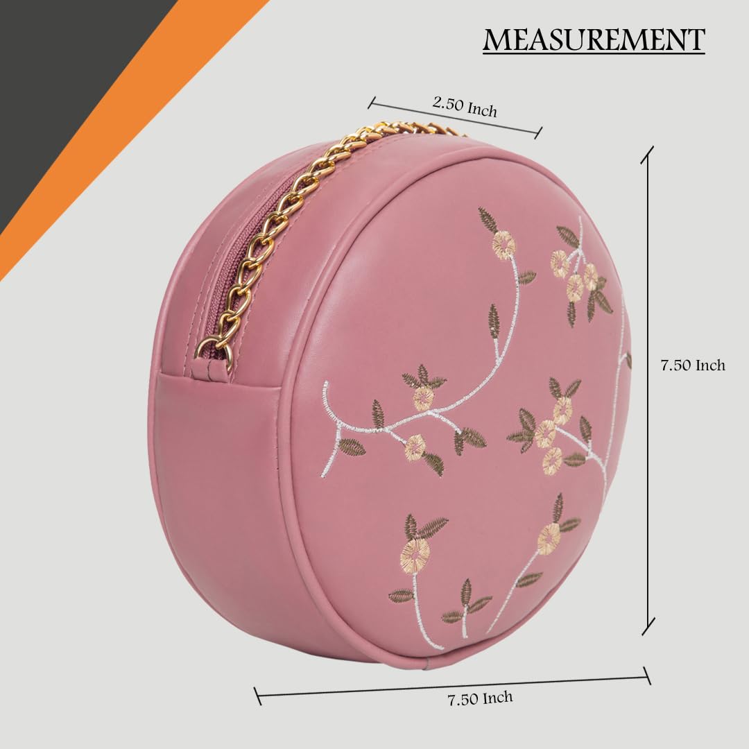 ADISA women girls round embroided sling bag (D. Pink) - SaumyasStore