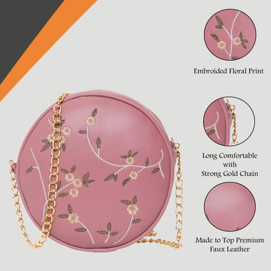 ADISA women girls round embroided sling bag (D. Pink) - SaumyasStore