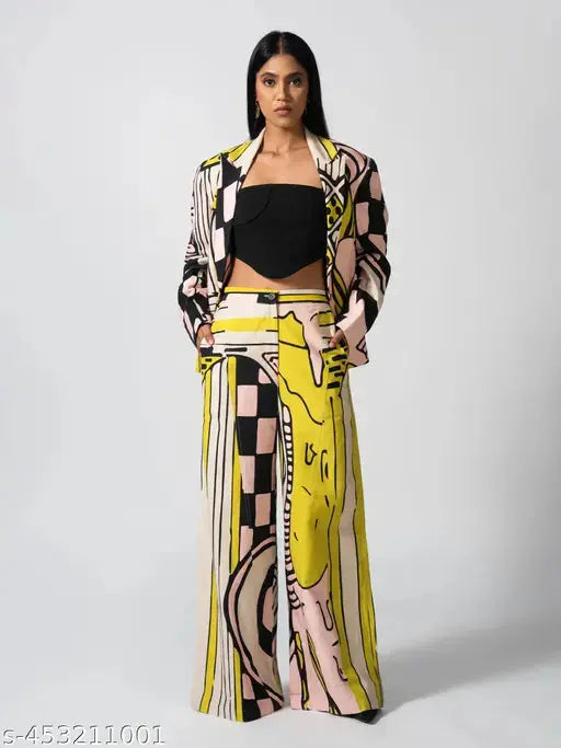 Abstract Print Multicolor Semi-winterwear 2 Piece Set SaumyasStore