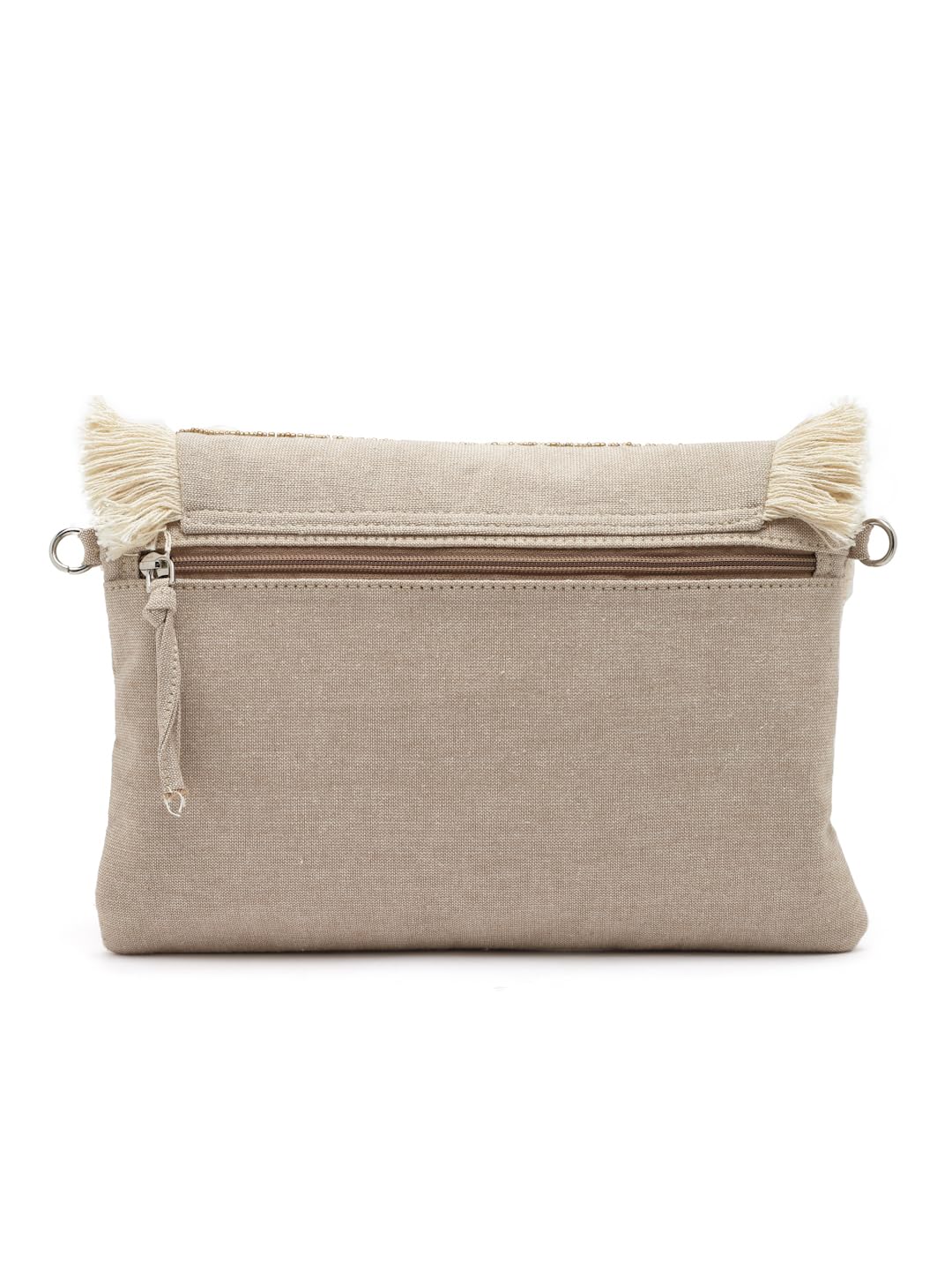 Anekaant Boho Nude & Brown Seashell Embellished Cotton Canvas Sling Bag - SaumyasStore