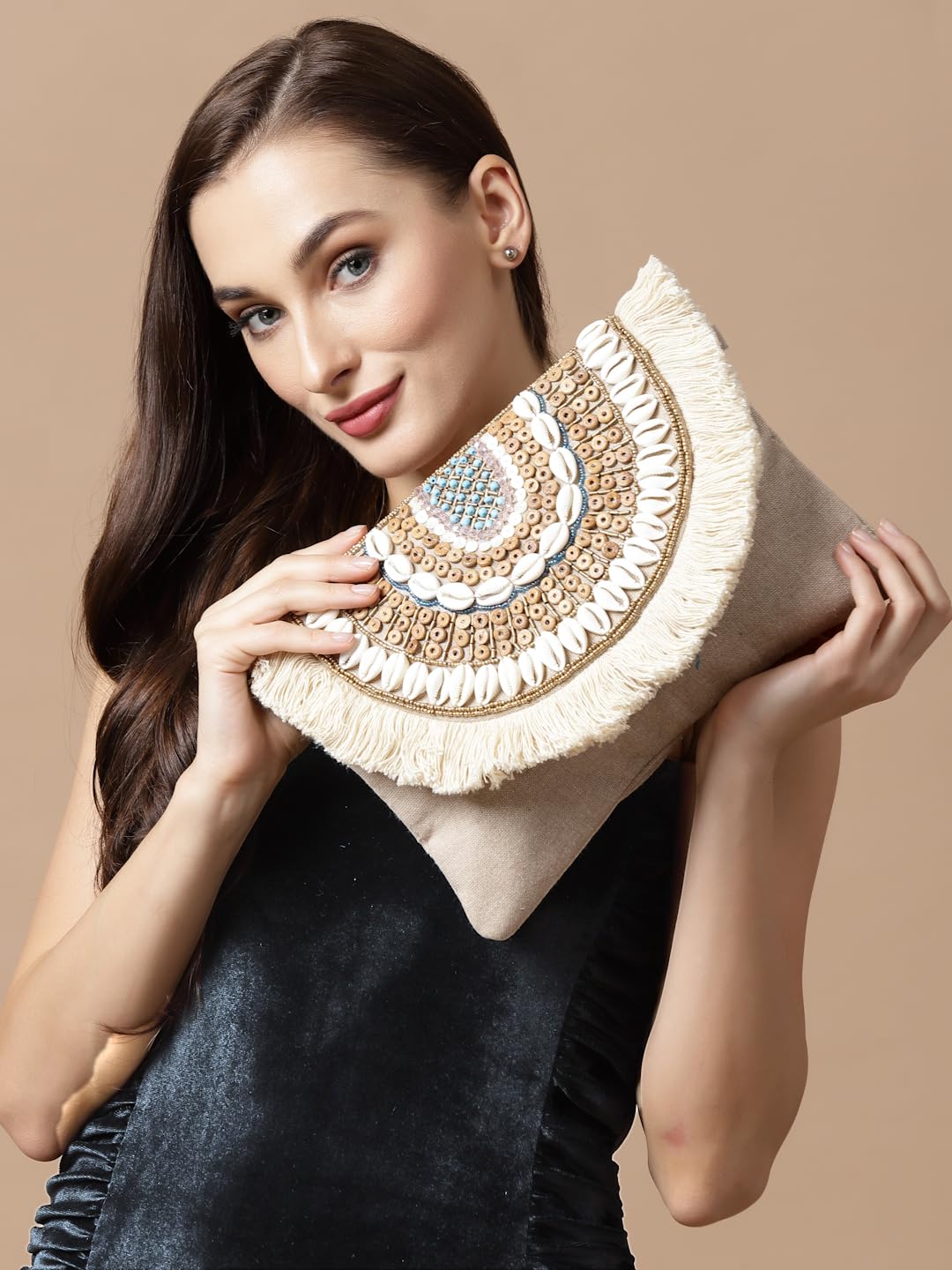 Anekaant Boho Nude & Brown Seashell Embellished Cotton Canvas Sling Bag - SaumyasStore