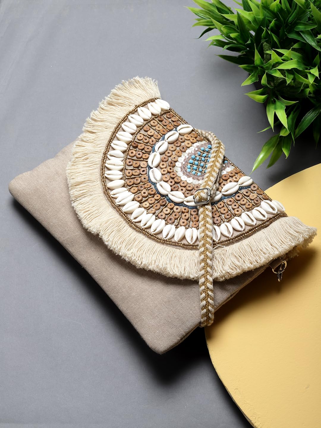 Anekaant Boho Nude & Brown Seashell Embellished Cotton Canvas Sling Bag - SaumyasStore