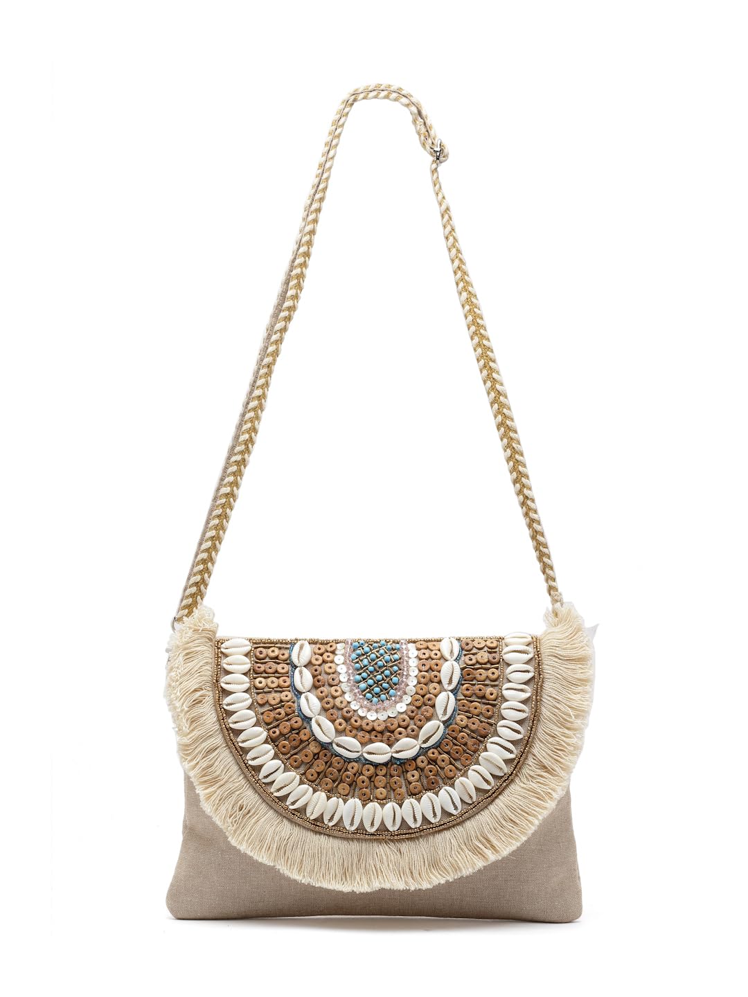 Anekaant Boho Nude & Brown Seashell Embellished Cotton Canvas Sling Bag - SaumyasStore