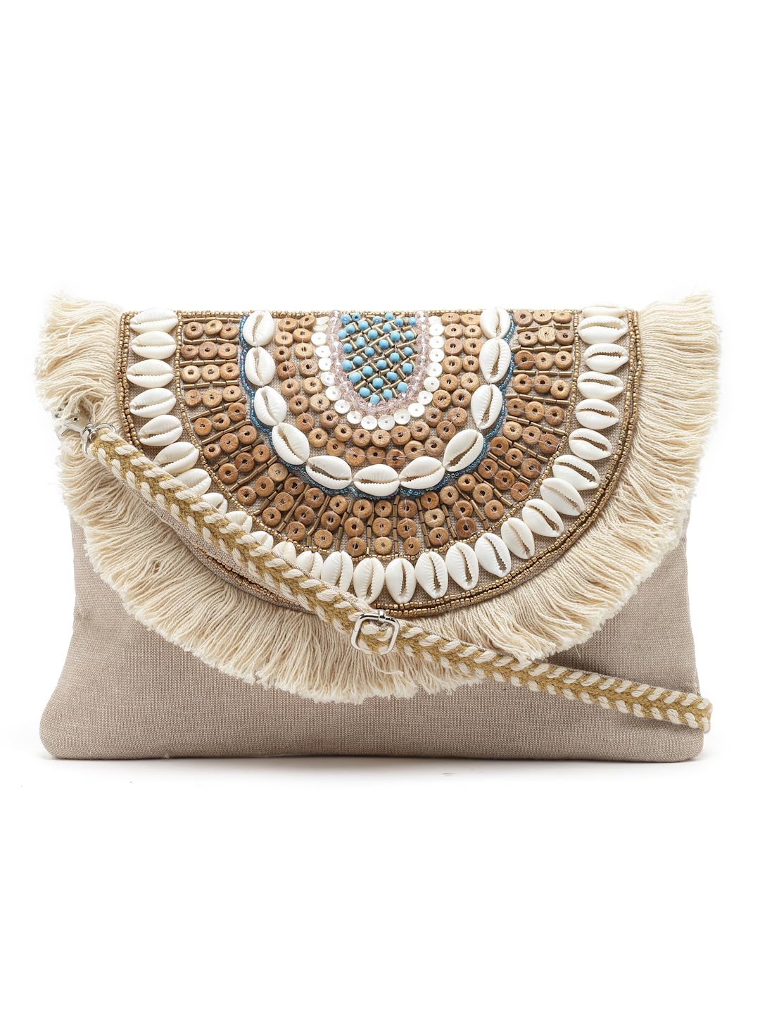 Anekaant Boho Nude & Brown Seashell Embellished Cotton Canvas Sling Bag - SaumyasStore