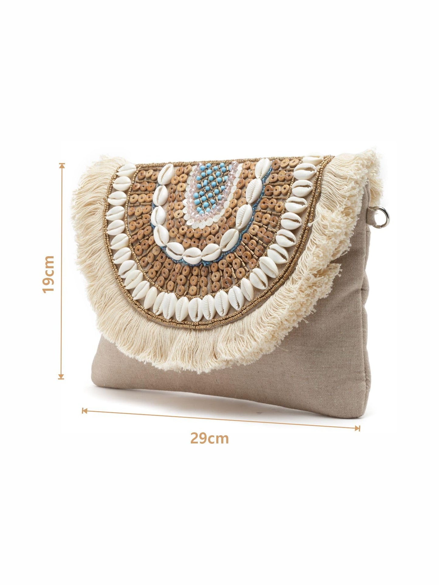 Anekaant Boho Nude & Brown Seashell Embellished Cotton Canvas Sling Bag - SaumyasStore